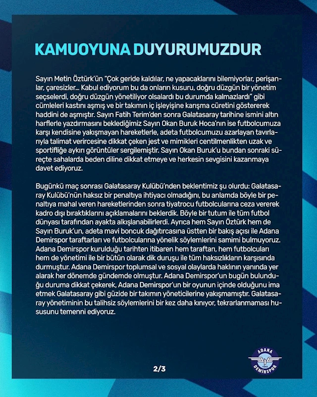 Adana Demirspor: "4. hakeme kararımızı defalarca bildirdik"
