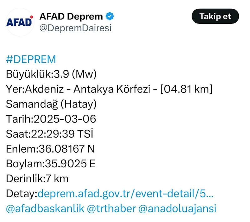 Hatay’da 3.9 büyüklüğünde deprem
