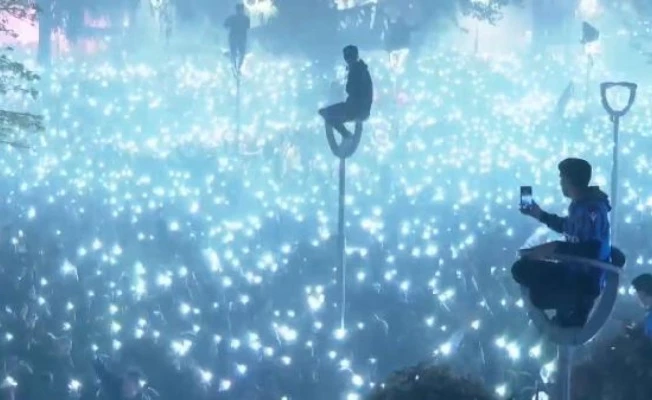 Fan celebrating the championship on the lighting pole: There was a magnificent view