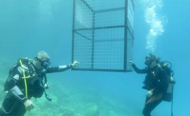 Waste container lowered under water in Antalya 